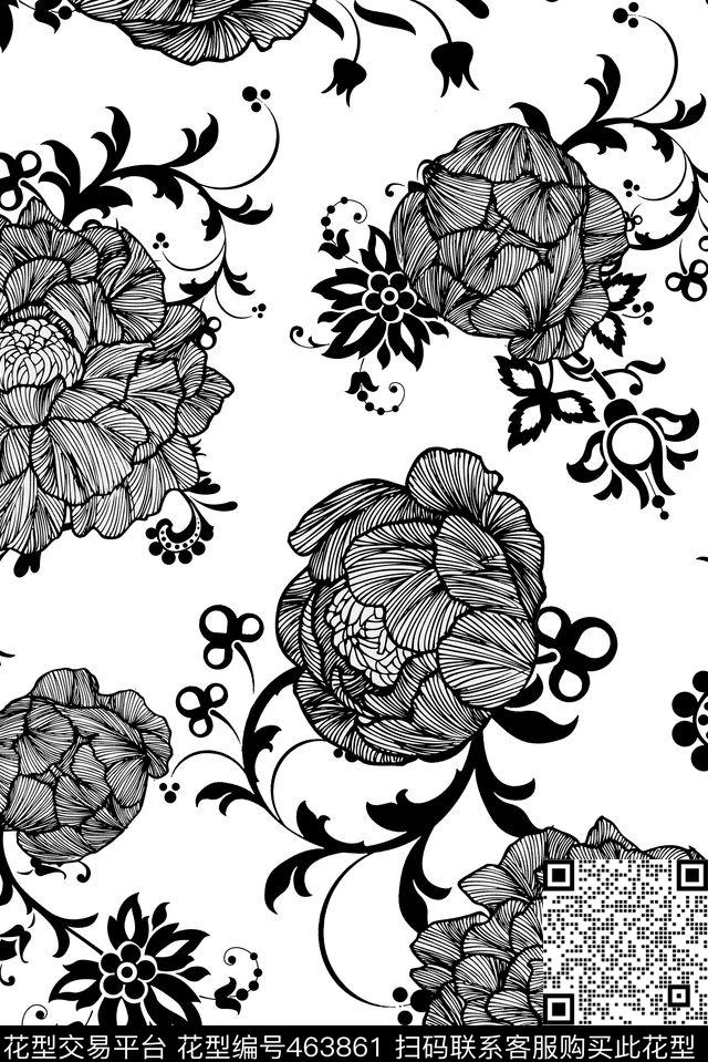 黑白花卉花纹传统印花华亿平台下载（图片编号: 463861） - 瓦栏（Walan）