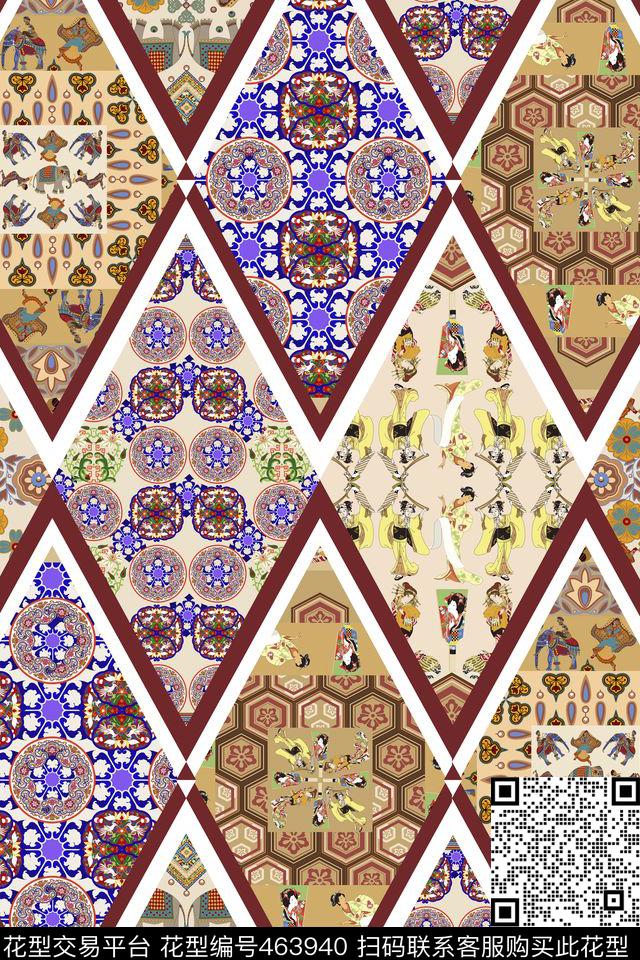 几何人物青花数码印花华亿平台下载（图片编号: 463940） - 瓦栏（Walan）