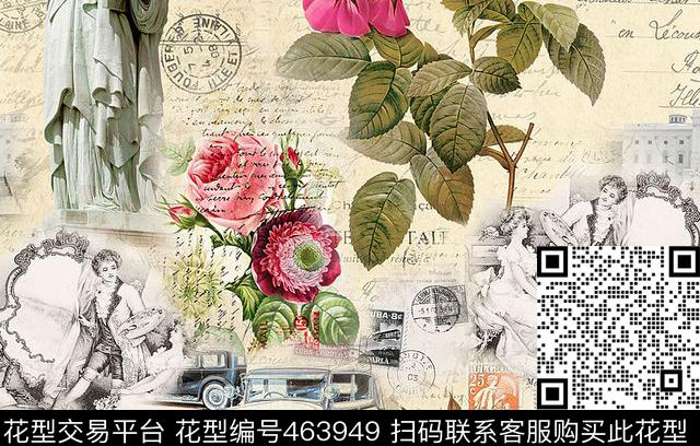 流行时尚欧美邮票花印花油画数码印花华亿平台下载（图片编号: 463949） - 瓦栏（Walan）