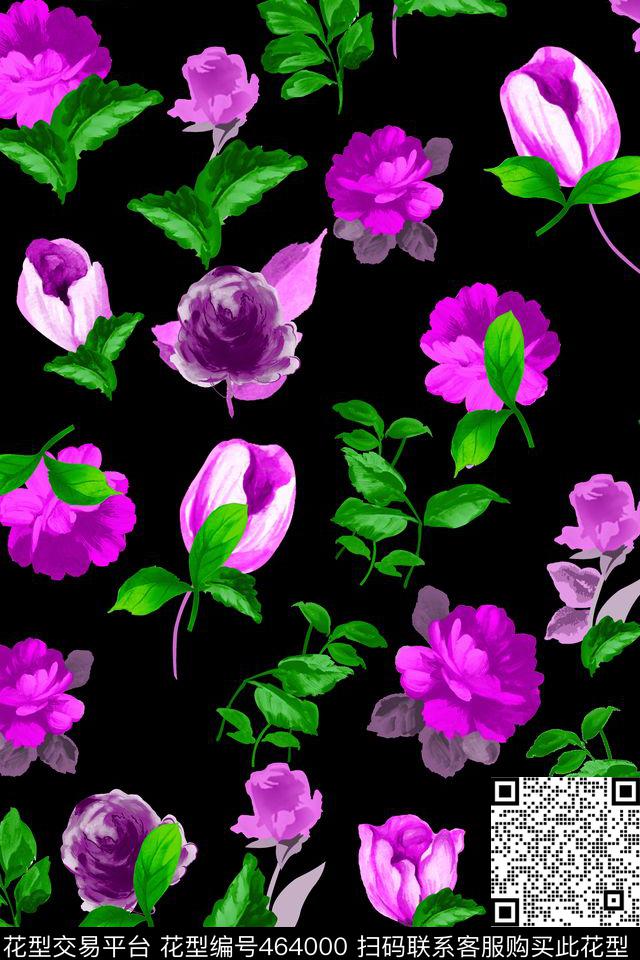 纯色底绿叶散花数码印花华亿平台下载（图片编号: 464000） - 瓦栏（Walan）