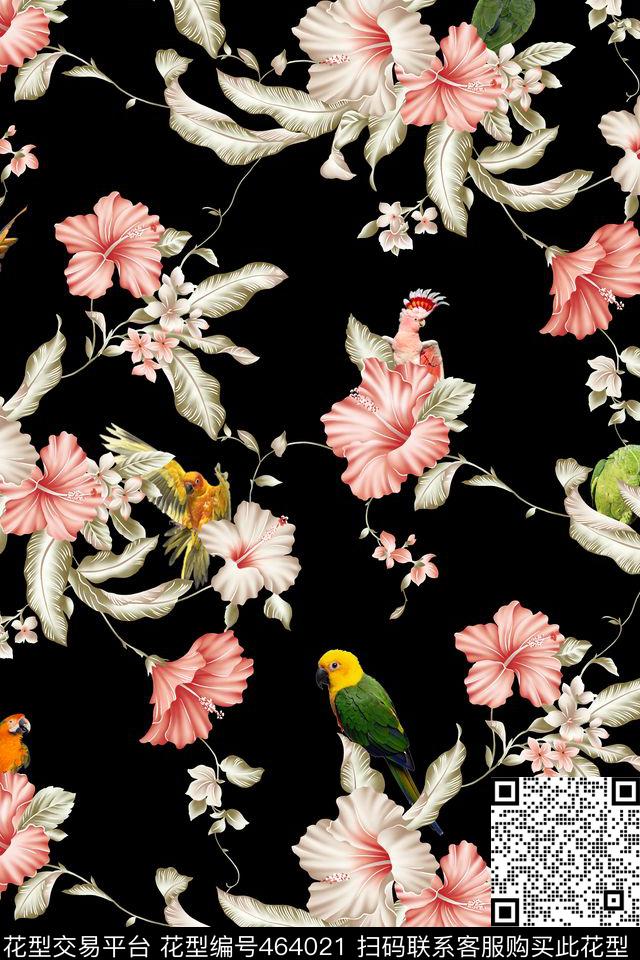 大花花卉鹦鹉数码印花华亿平台下载（图片编号: 464021） - 瓦栏（Walan）
