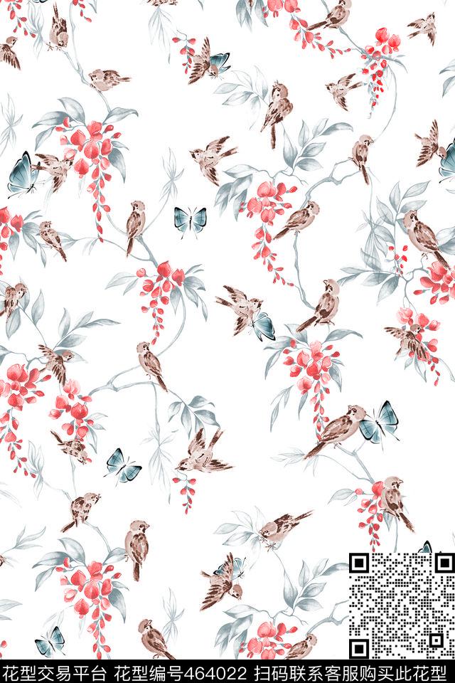 蝴蝶花卉水墨鸟数码印花华亿平台下载（图片编号: 464022） - 瓦栏（Walan）