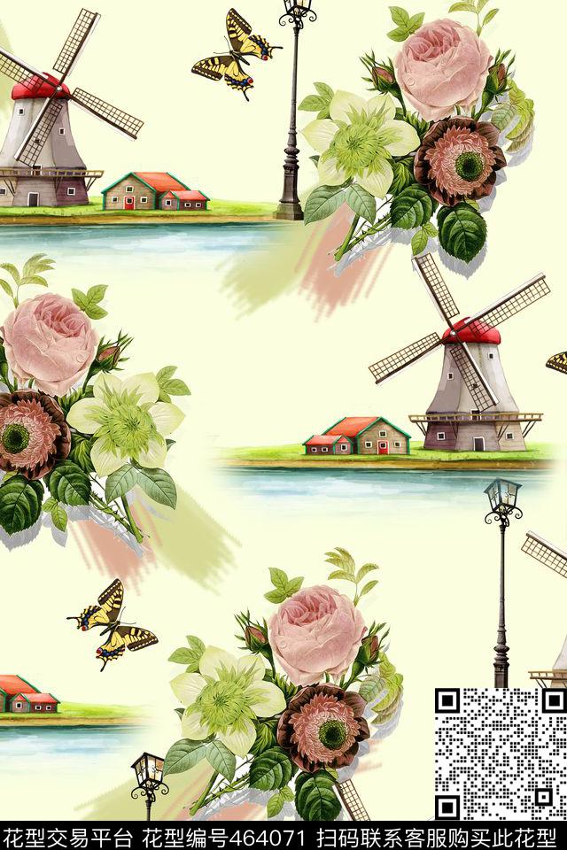 欧美风田园花卉风车欧美清新时尚手绘韩国抽象建筑H【抽象】数码印花华亿平台下载（图片编号: 464071） - 瓦栏（Walan）