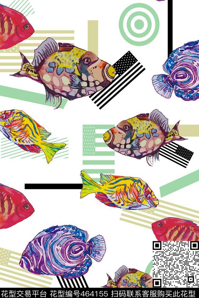 热带风情鱼几何条纹数码印花华亿平台下载（图片编号: 464155） - 瓦栏（Walan）