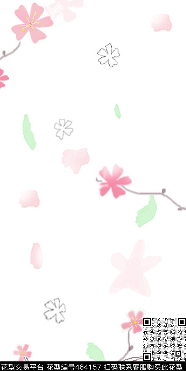 清新淡雅随意花朵、绿叶、花瓣手绘、淡水墨数码印花华亿平台下载（图片编号: 464157） - 瓦栏（Walan）