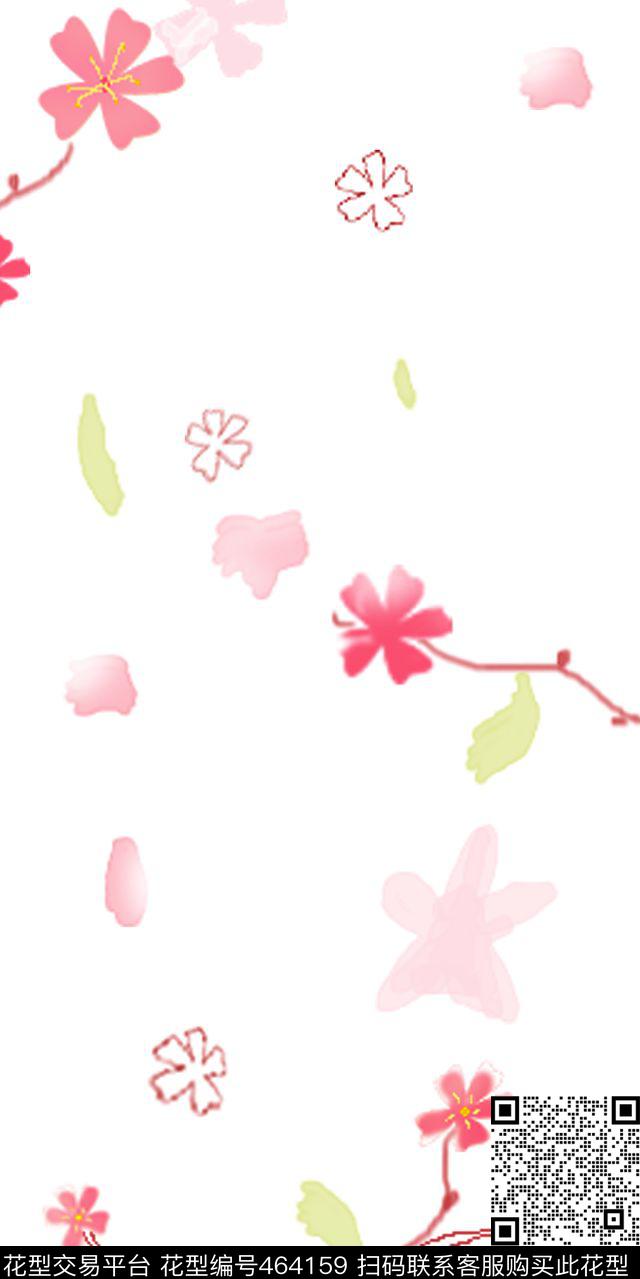清新淡雅随意花朵、绿叶、花瓣手绘、淡水墨数码印花华亿平台下载（图片编号: 464159） - 瓦栏（Walan）