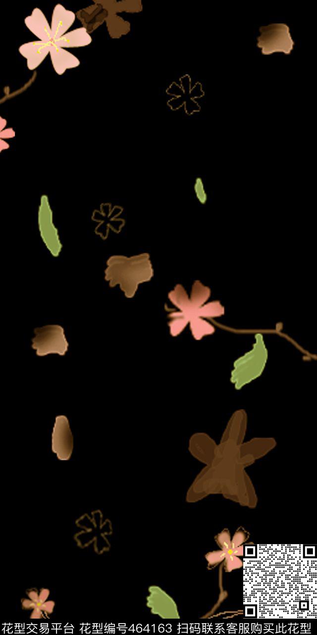 清新淡雅随意花朵、绿叶、花瓣手绘、淡水墨数码印花华亿平台下载（图片编号: 464163） - 瓦栏（Walan）