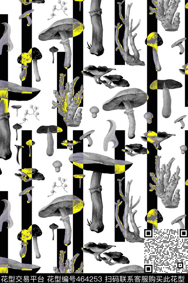 黑白线条手绘蘑菇时尚休闲风传统印花华亿平台下载（图片编号: 464253） - 瓦栏（Walan）