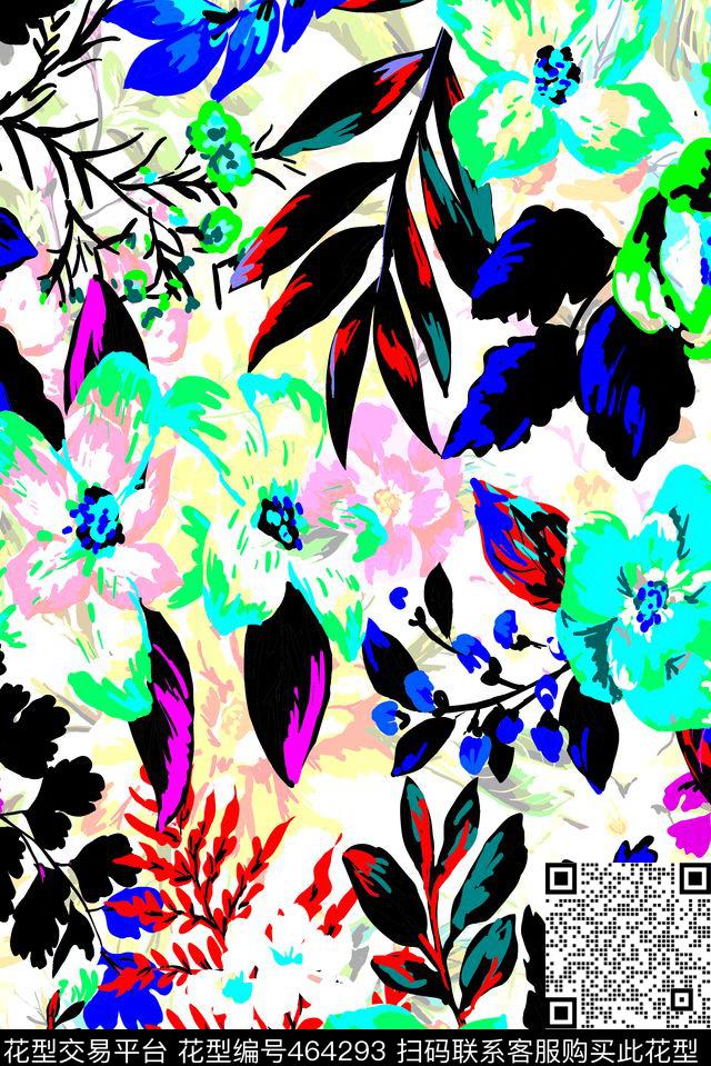水墨水彩手绘五彩大朵花卉传统印花华亿平台下载（图片编号: 464293） - 瓦栏（Walan）