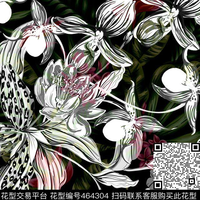 热带植物手绘水墨数码印花华亿平台下载（图片编号: 464304） - 瓦栏（Walan）