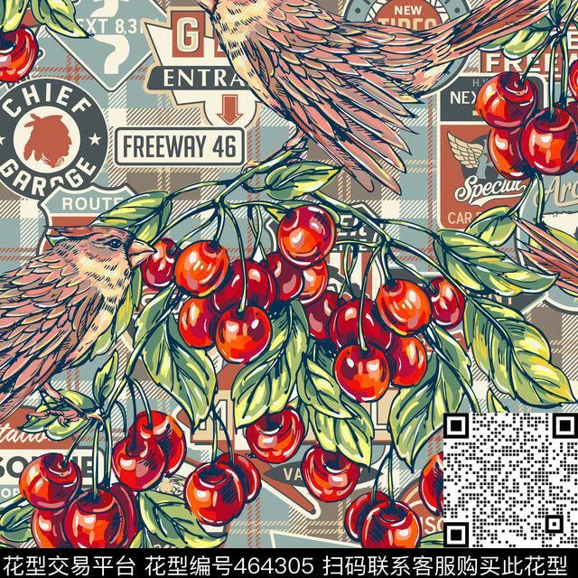 巴宝莉格子徽章鸟水果传统印花华亿平台下载（图片编号: 464305） - 瓦栏（Walan）