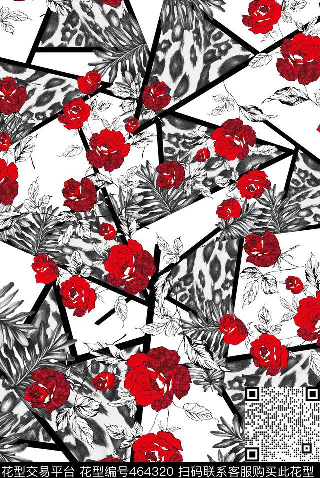 混搭红色玫瑰豹纹数码印花华亿平台下载（图片编号: 464320） - 瓦栏（Walan）