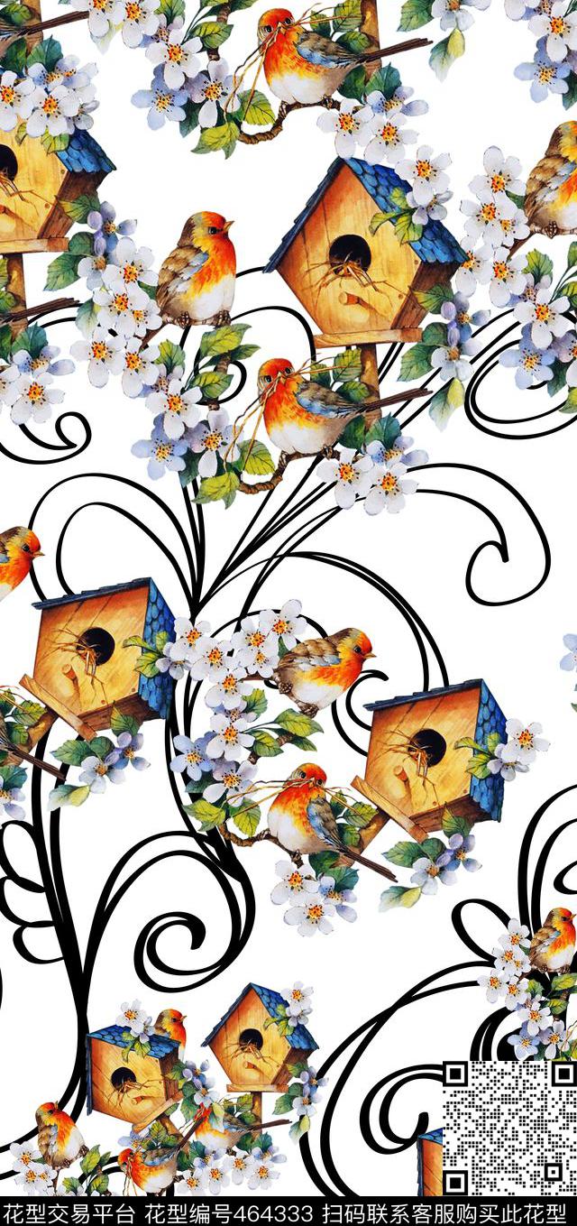 时尚线条鸟儿鸟屋子数码印花华亿平台下载（图片编号: 464333） - 瓦栏（Walan）