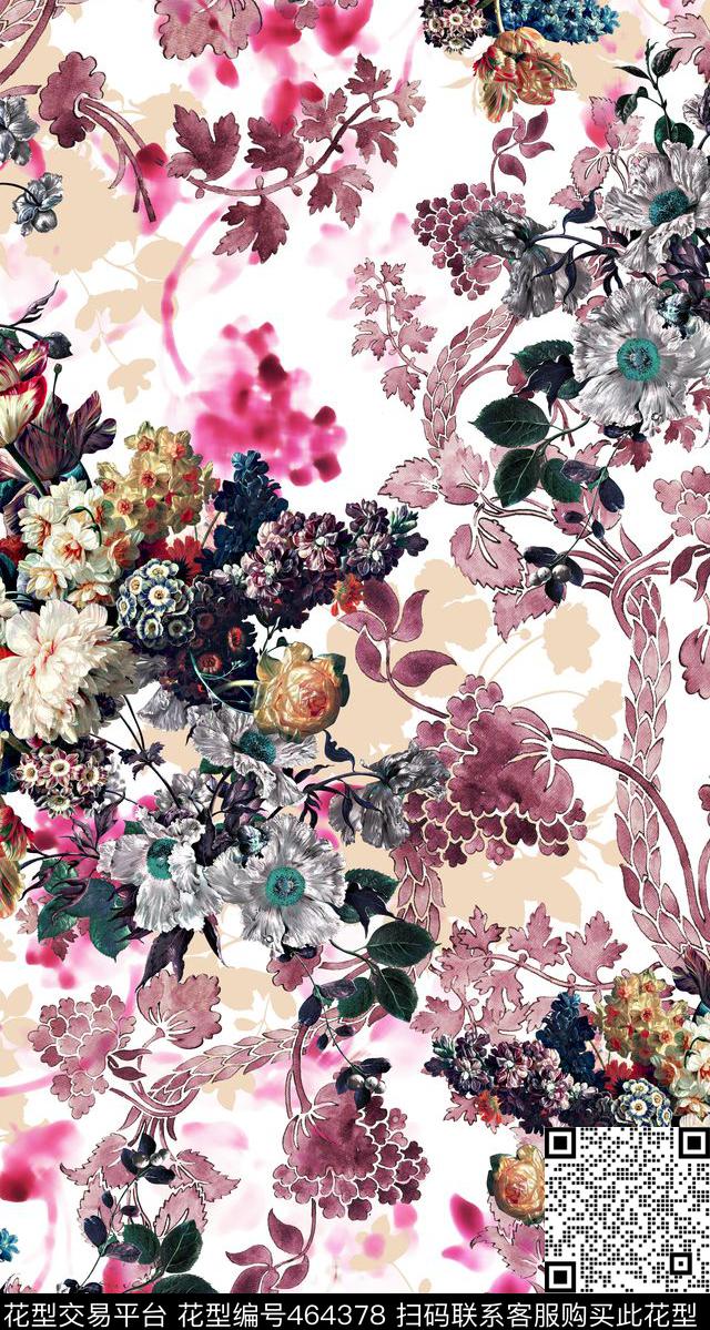 油画花卉组合水墨肌理数码印花华亿平台下载（图片编号: 464378） - 瓦栏（Walan）