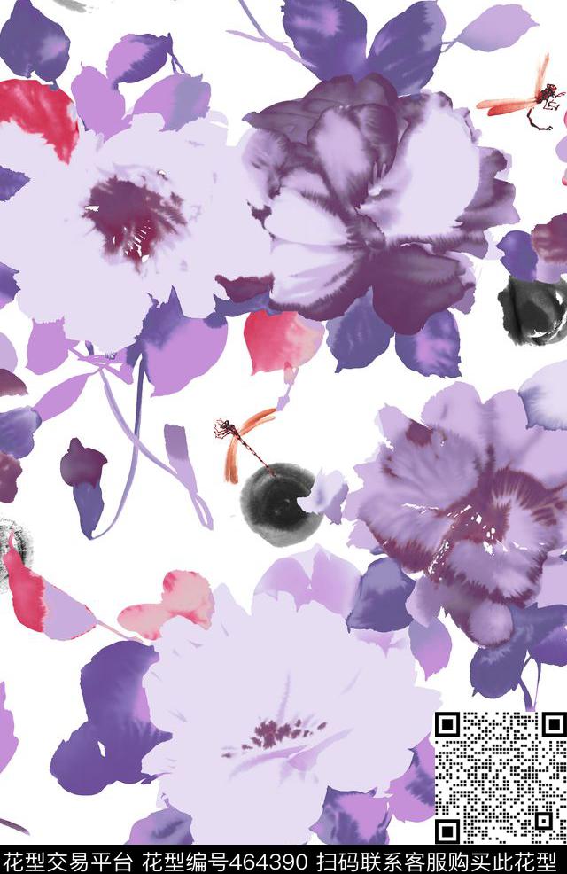 花卉蜻蜓水墨数码印花华亿平台下载（图片编号: 464390） - 瓦栏（Walan）