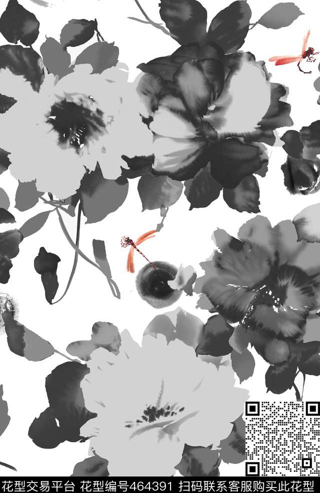 水墨花卉蜻蜓数码印花华亿平台下载（图片编号: 464391） - 瓦栏（Walan）