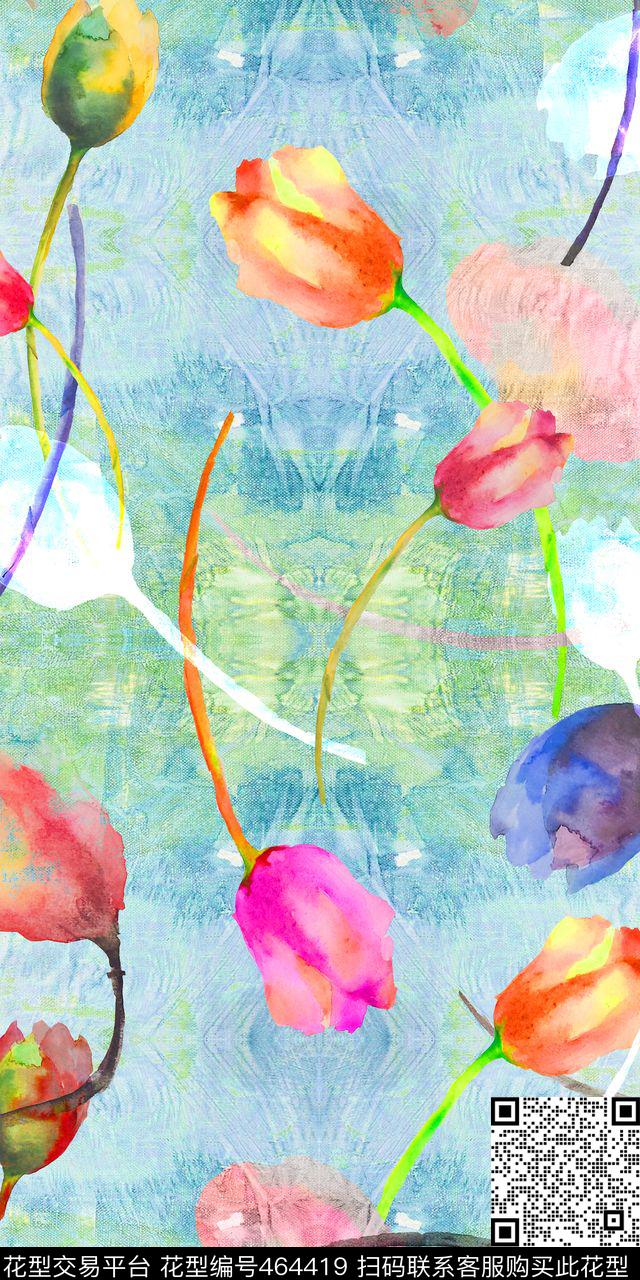 花卉手绘抽象数码印花华亿平台下载（图片编号: 464419） - 瓦栏（Walan）
