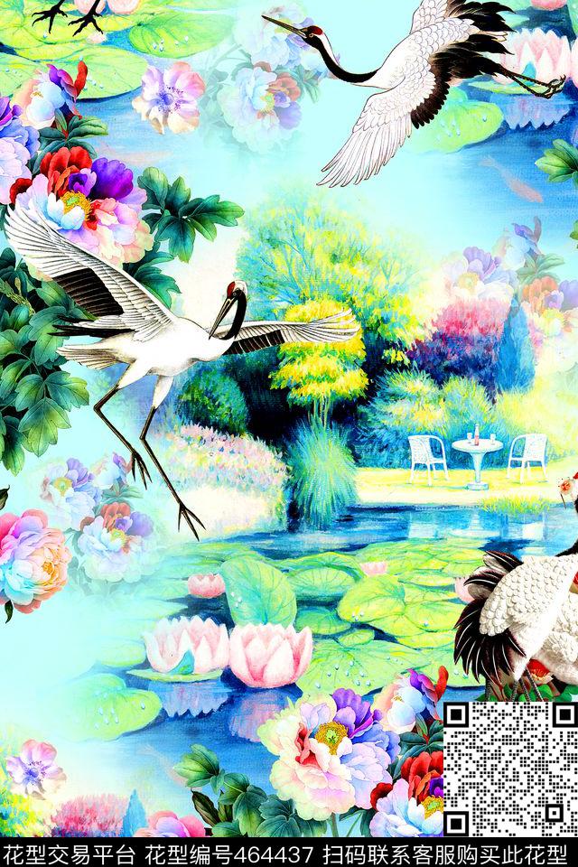 时尚仙鹤油画风景数码印花华亿平台下载（图片编号: 464437） - 瓦栏（Walan）