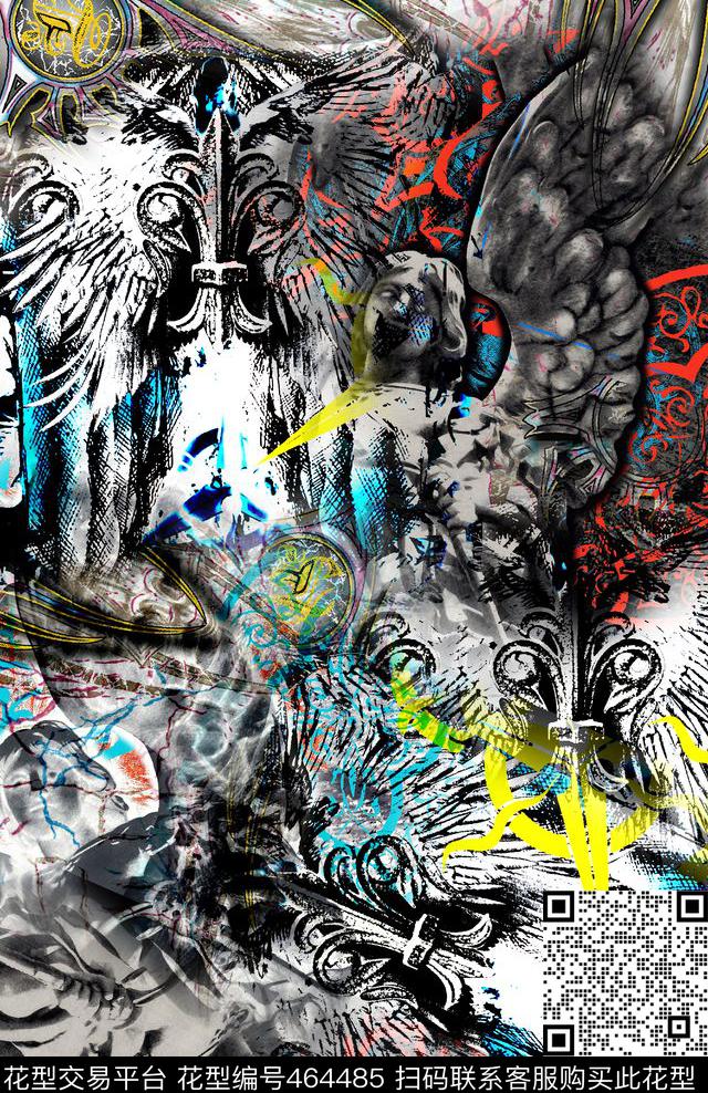 时尚纪梵希风格涂鸦图案抽象艺术数码印花华亿平台下载（图片编号: 464485） - 瓦栏（Walan）