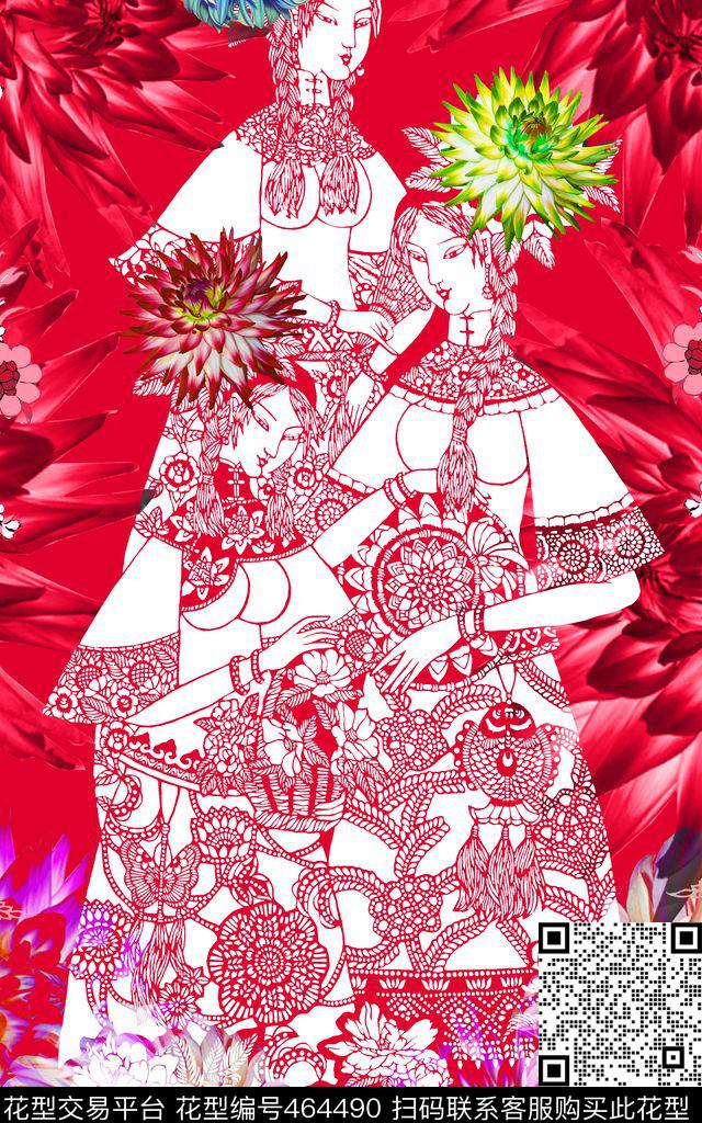 MAX-定位中国民族风几何剪纸女人花数码印花华亿平台下载（图片编号: 464490） - 瓦栏（Walan）