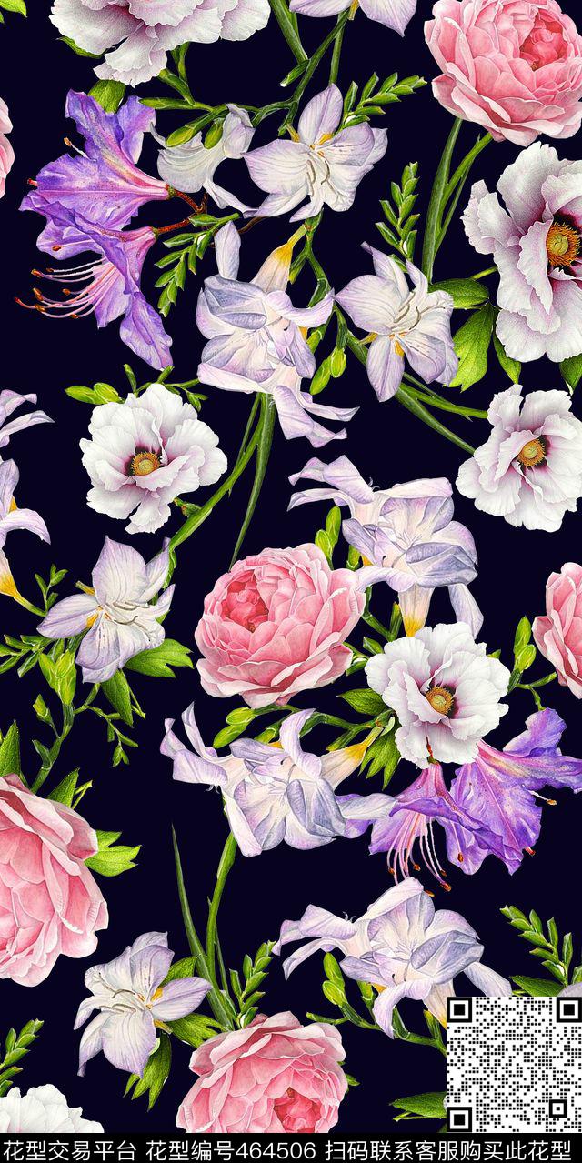 大牌黑底白花满版数码印花华亿平台下载（图片编号: 464506） - 瓦栏（Walan）