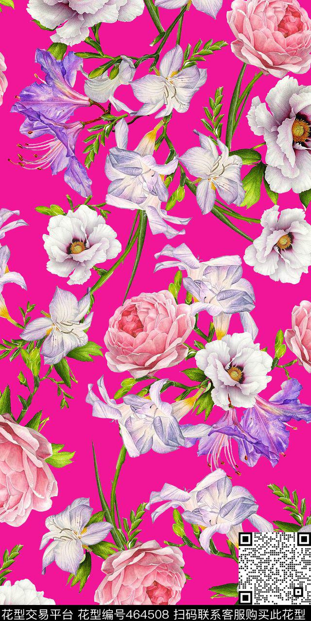 大牌满版手绘花数码印花华亿平台下载（图片编号: 464508） - 瓦栏（Walan）