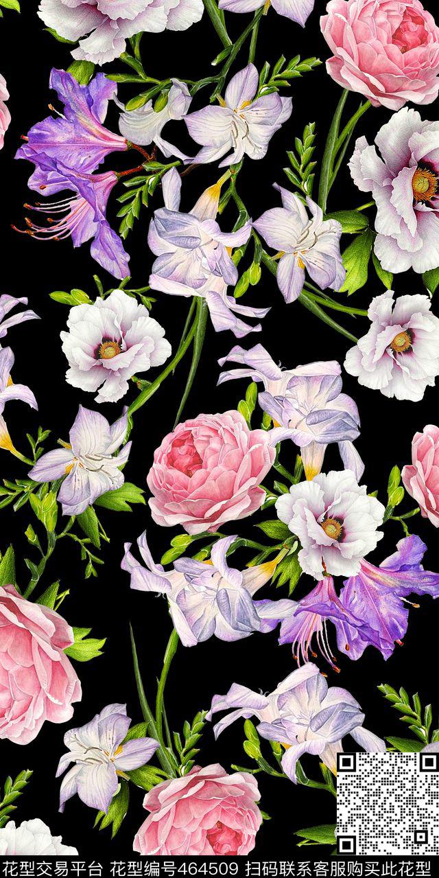 大牌黑底白花满版数码印花华亿平台下载（图片编号: 464509） - 瓦栏（Walan）