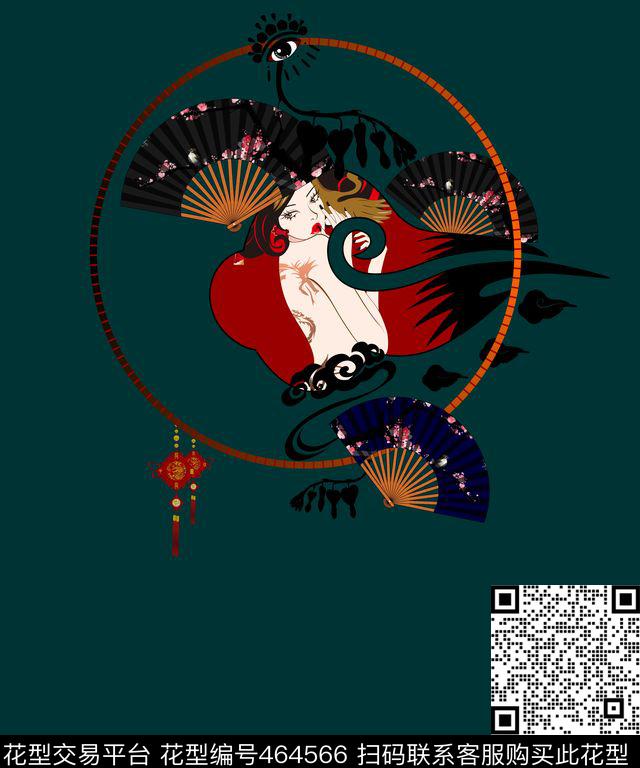 摩登女郎扇子T恤外套卫衣中国风传统印花华亿平台下载（图片编号: 464566） - 瓦栏（Walan）