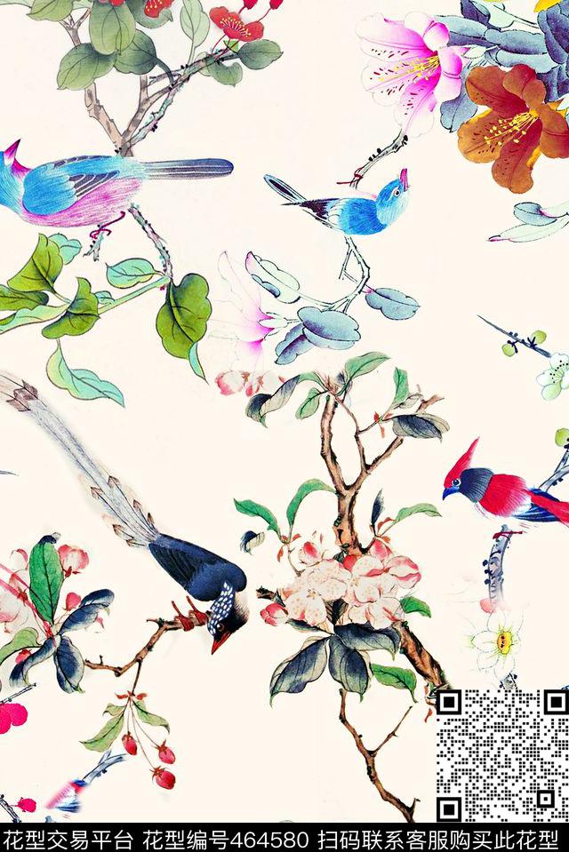 工笔花鸟四方连续中国风数码印花华亿平台下载（图片编号: 464580） - 瓦栏（Walan）