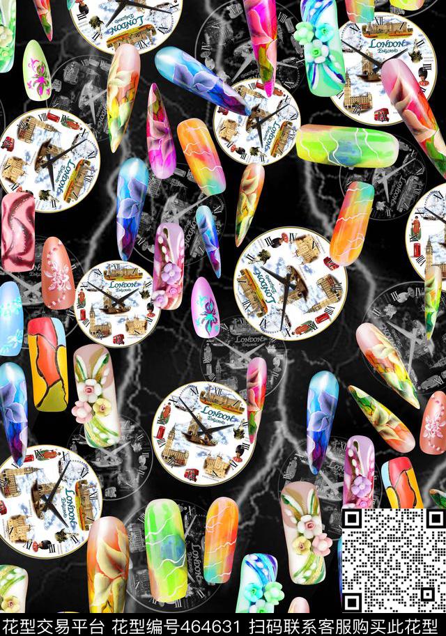 古钟表趣味指甲图案时尚线条数码印花华亿平台下载（图片编号: 464631） - 瓦栏（Walan）