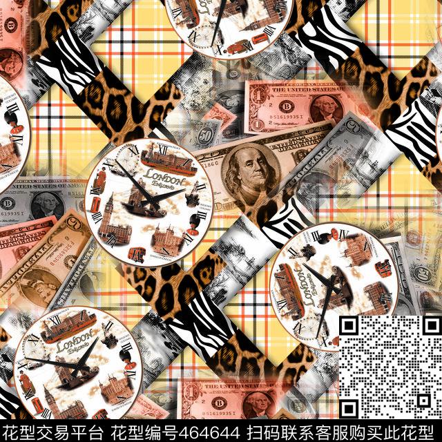 几何格子钟表美元数码印花华亿平台下载（图片编号: 464644） - 瓦栏（Walan）