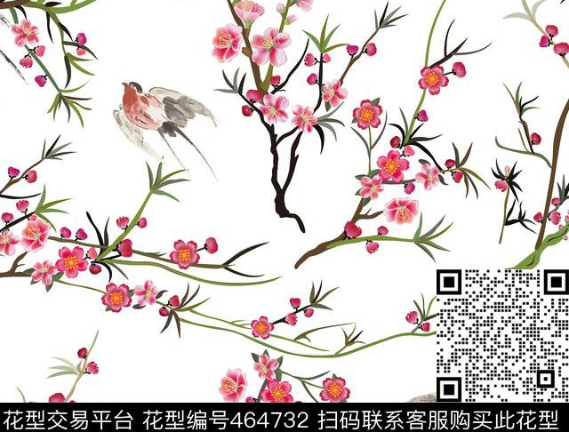中国风手绘桃花燕子女装外套数码印花华亿平台下载（图片编号: 464732） - 瓦栏（Walan）