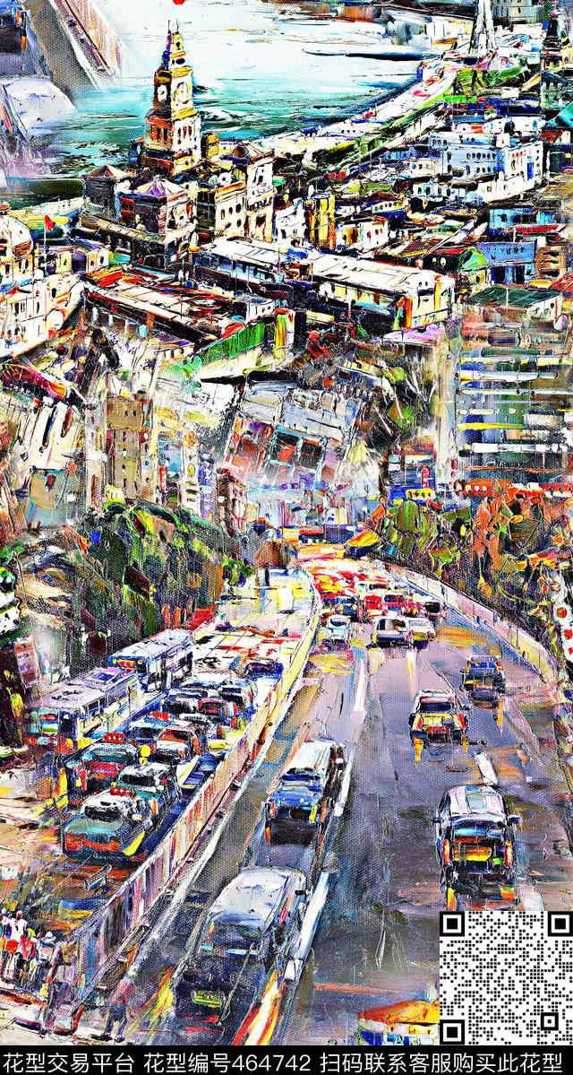 油画城市海湾数码印花华亿平台下载（图片编号: 464742） - 瓦栏（Walan）