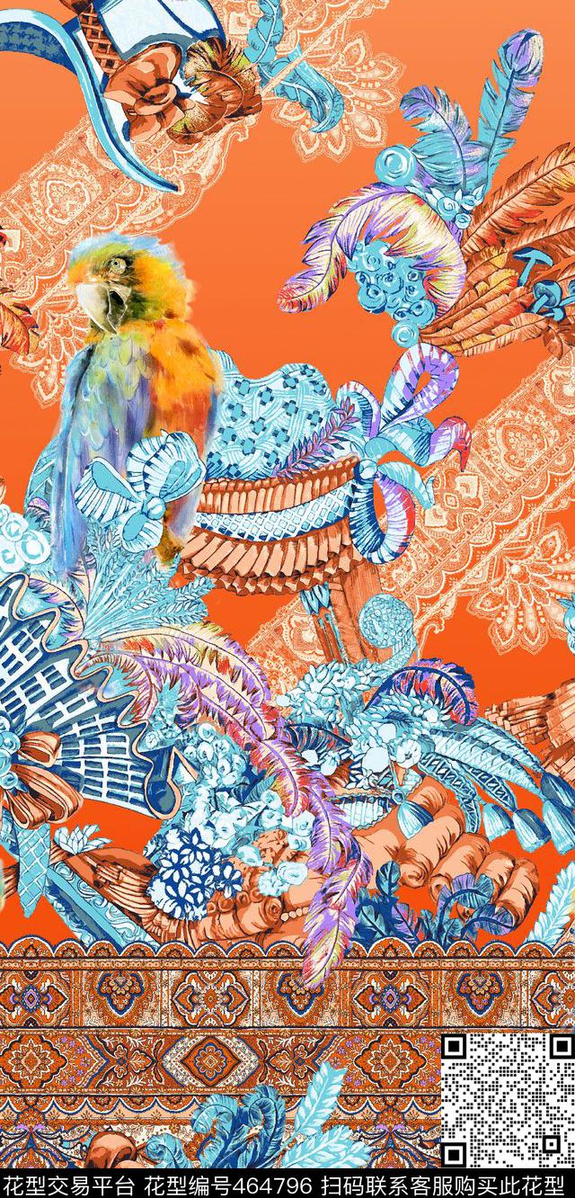 民族腰果羽毛数码印花华亿平台下载（图片编号: 464796） - 瓦栏（Walan）