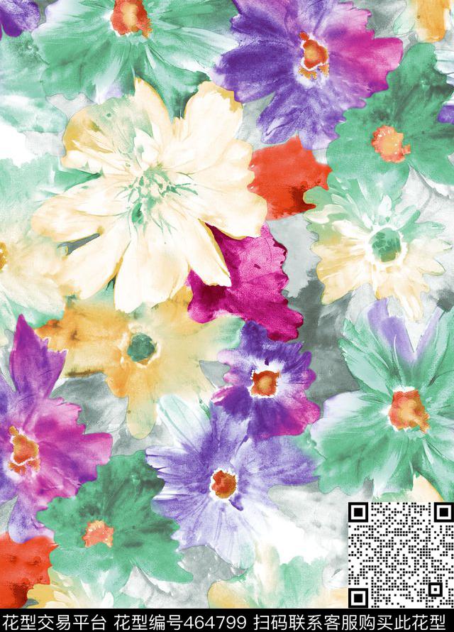 花卉时尚水彩数码印花华亿平台下载（图片编号: 464799） - 瓦栏（Walan）