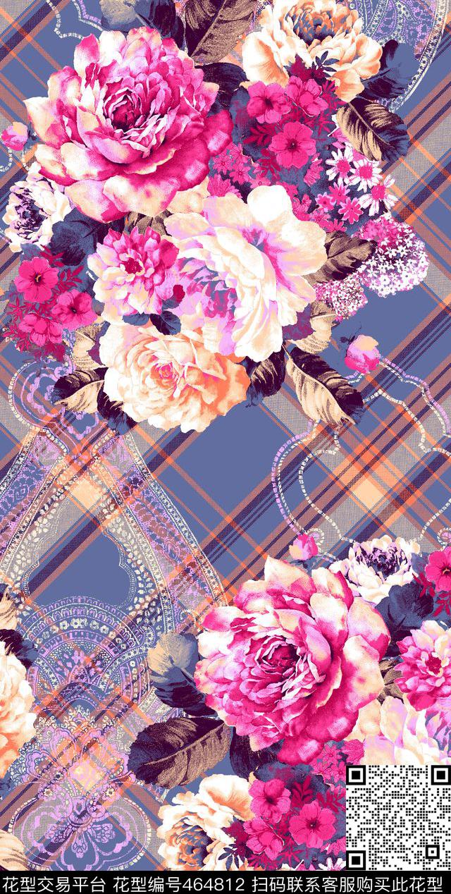 格子花卉时尚数码印花华亿平台下载（图片编号: 464812） - 瓦栏（Walan）