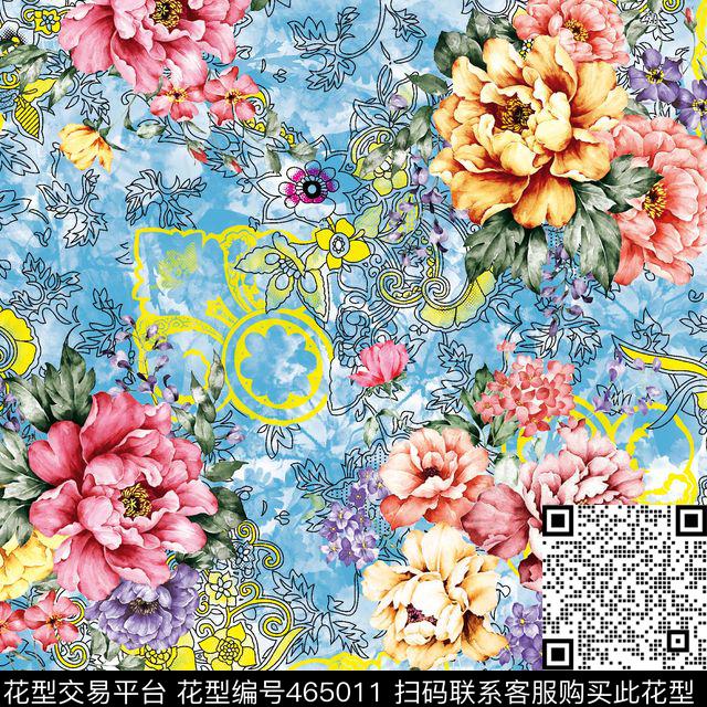 花卉抽象底纹复古大牌潮流印花数码印花华亿平台下载（图片编号: 465011） - 瓦栏（Walan）