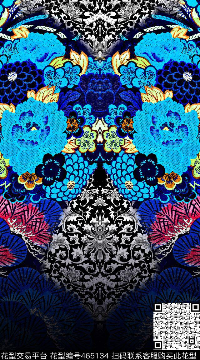 暗蓝色定位民族风数码印花华亿平台下载（图片编号: 465134） - 瓦栏（Walan）