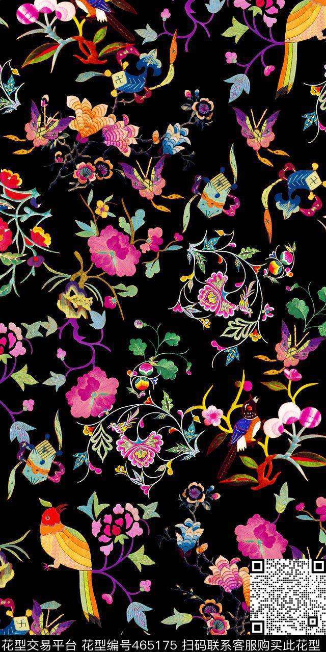 古典花鸟绣花数码印花华亿平台下载（图片编号: 465175） - 瓦栏（Walan）