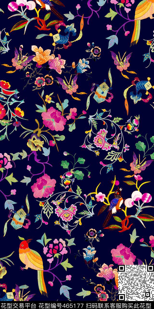 绣花古典花鸟数码印花华亿平台下载（图片编号: 465177） - 瓦栏（Walan）