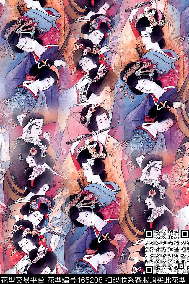 日本浮世绘侍女数码印花华亿平台下载（图片编号: 465208） - 瓦栏（Walan）
