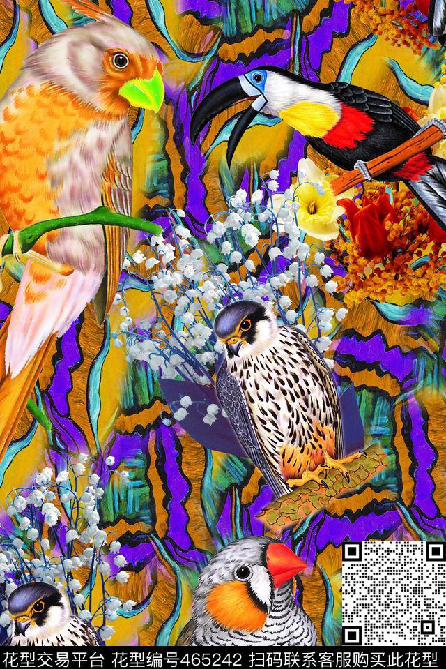 时尚油画肌理鸟儿花草数码印花华亿平台下载（图片编号: 465242） - 瓦栏（Walan）