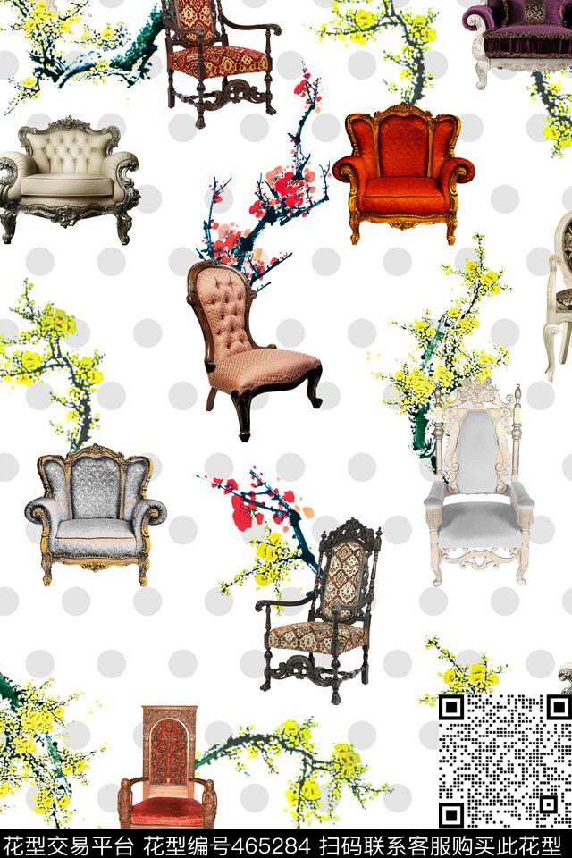 欧美花卉抽象欧式欧美家具沙发椅子手绘花卉几何圆点大牌抽象H【抽象】数码印花华亿平台下载（图片编号: 465284） - 瓦栏（Walan）