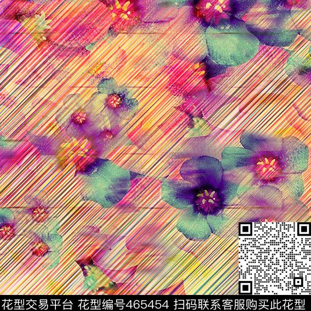 花卉绚丽多彩七彩斜线数码印花华亿平台下载（图片编号: 465454） - 瓦栏（Walan）