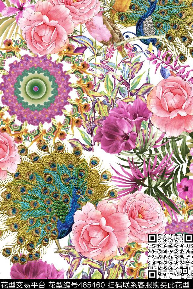 刺绣孔雀花卉女装数码印花华亿平台下载（图片编号: 465460） - 瓦栏（Walan）