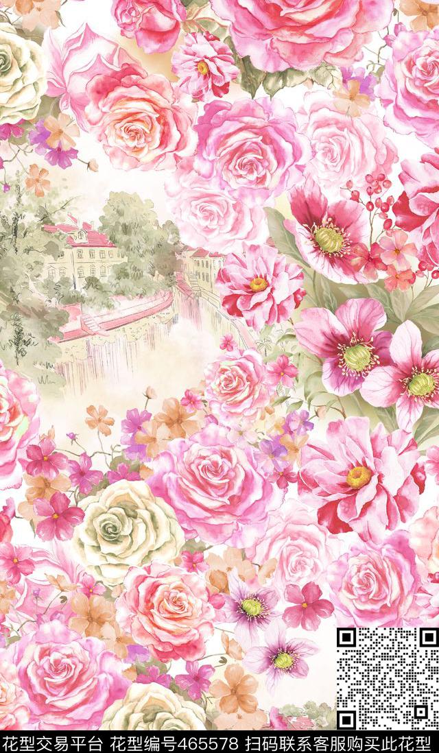 房子花卉时尚数码印花华亿平台下载（图片编号: 465578） - 瓦栏（Walan）