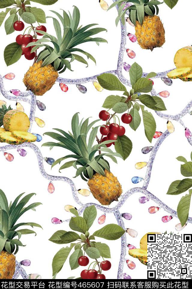热带叶子水果菠萝樱桃数码印花华亿平台下载（图片编号: 465607） - 瓦栏（Walan）