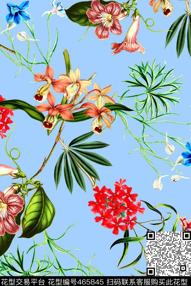 时尚花卉棕榈叶数码印花华亿平台下载（图片编号: 465845） - 瓦栏（Walan）