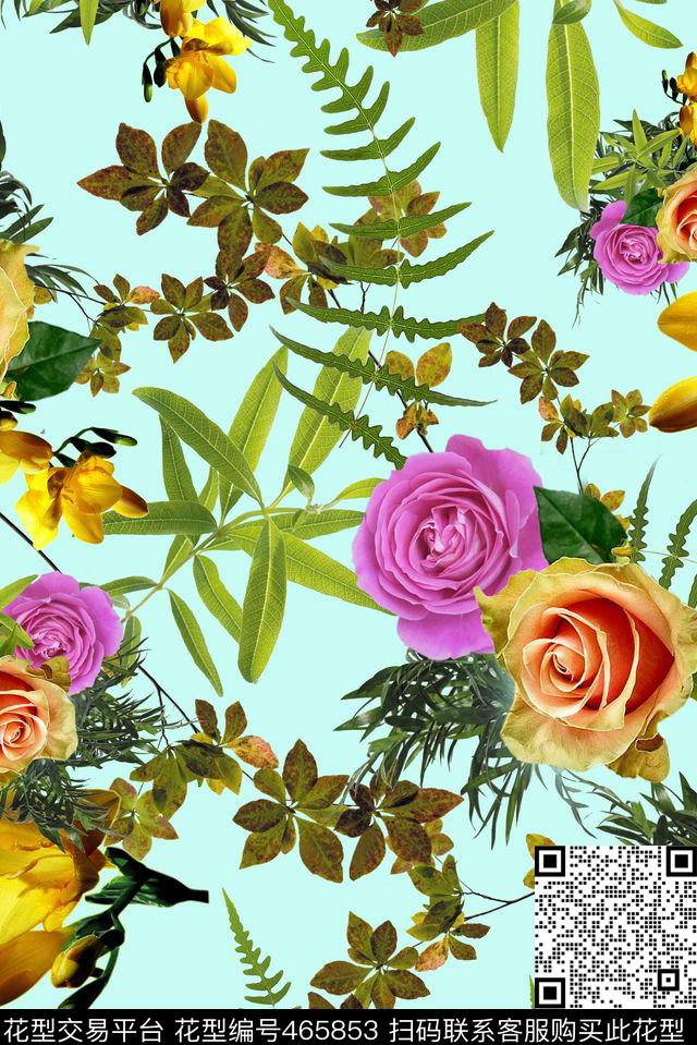 专色底玫瑰花卉数码印花华亿平台下载（图片编号: 465853） - 瓦栏（Walan）