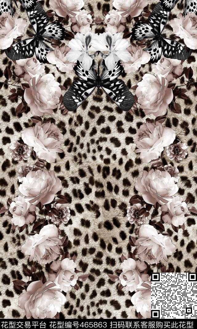 素雅花卉豹纹蝴蝶数码印花华亿平台下载（图片编号: 465863） - 瓦栏（Walan）